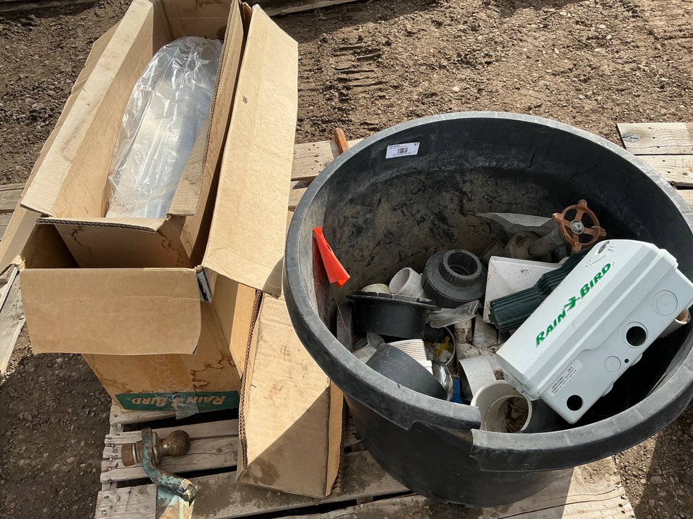 (2) Ridgid 18" Pipe Wrenches, Bruner & Lay Point Top Chisel, Tub of Miscellaneous PVC and Sprinkler Parts and More
