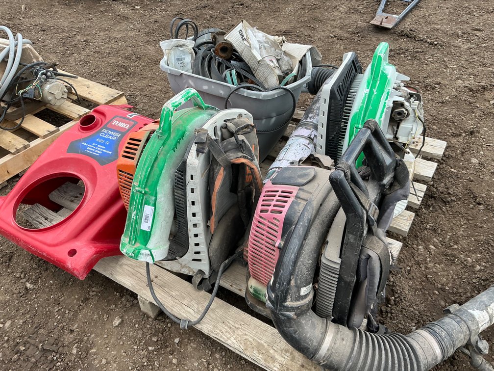 (3) Assorted Backpack Blowers (All Are Parts Units), Toro Power Clear 621R Plastic Cover Piece and Tub of Assorted Belts and Mower Parts