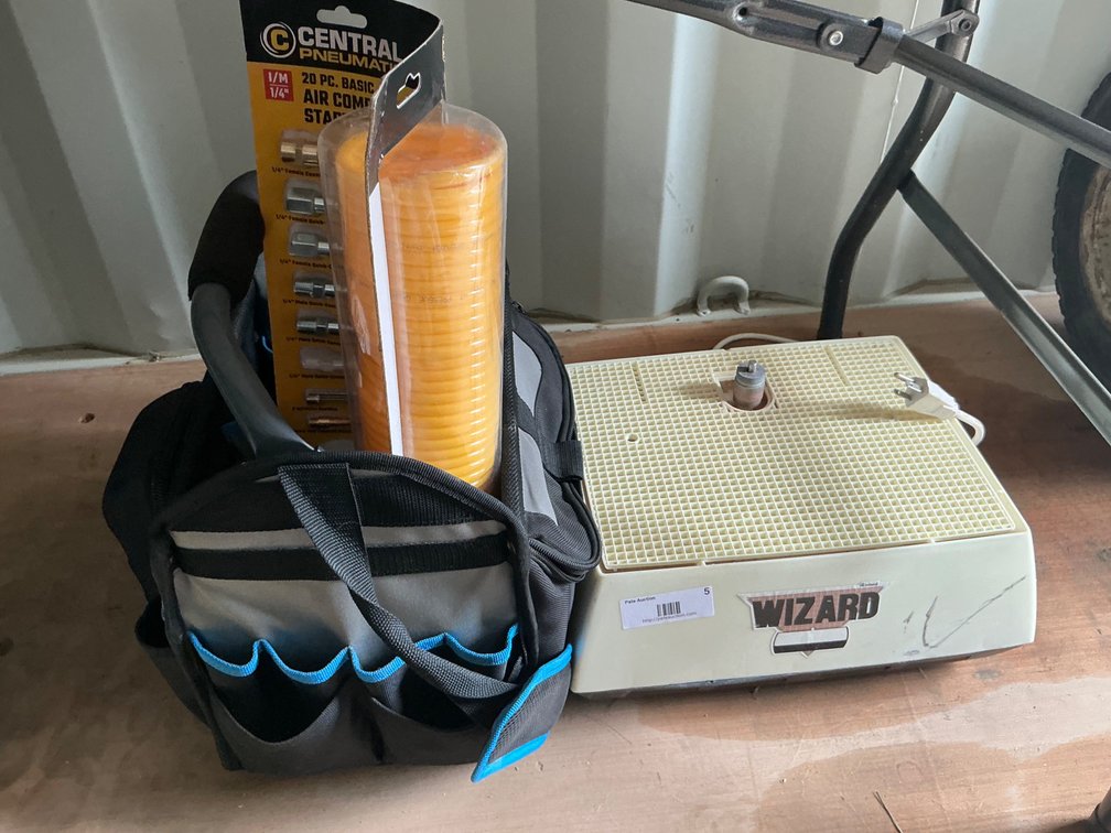 Inland Wizard Tile Grinder and Hart Portable Tool Bag with Assorted Air Hose Fittings