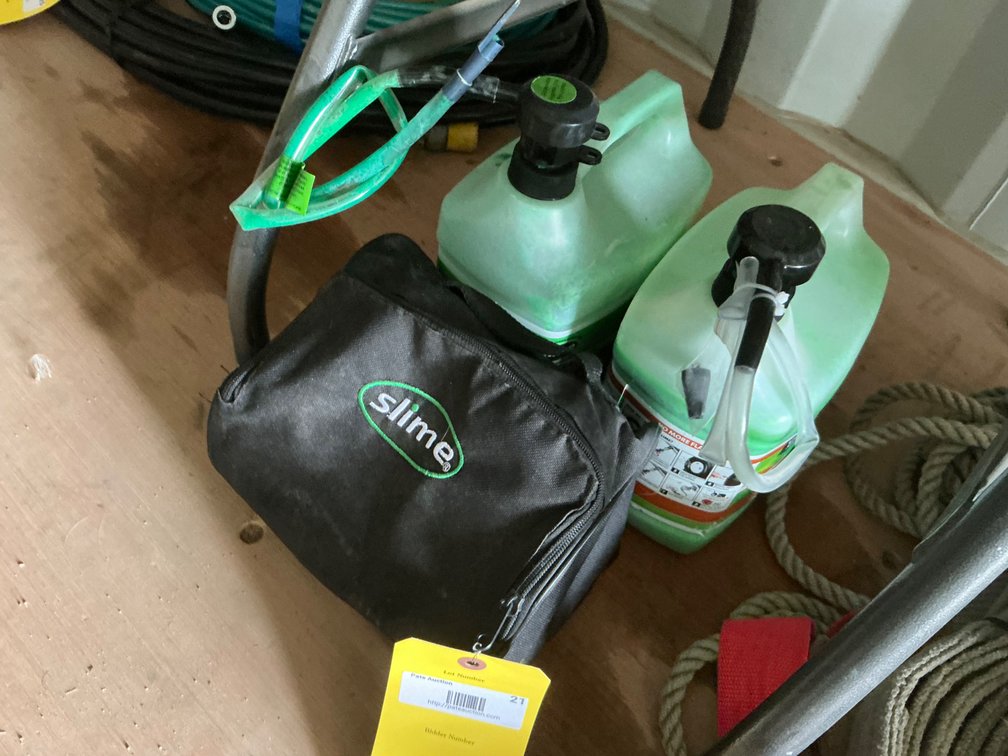 Slime Brand 12V Auto and Truck Air Compressor with Hose and (2) Partial 1-Gallon Jugs of Slime for Tires
