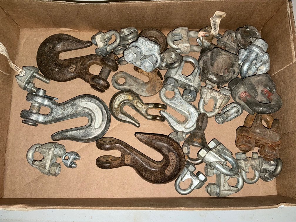 Box of Assorted Chain Hooks and Assorted Cable Clamps