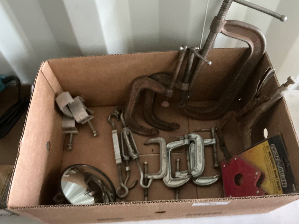 Box Of Assorted C-Clamps, 90° Welding Magnet, Mirror and More