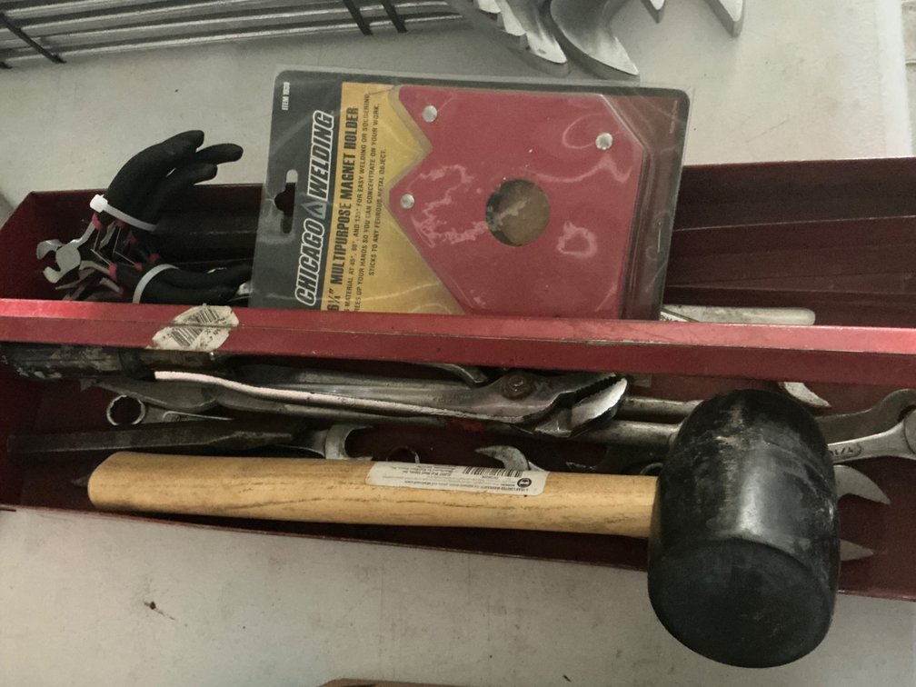 Red Metal Tool Box Tray With Assorted Wrenches, Pliers, Wire Cutters, Rubber Mallet, 90° 6-1/4" Welding Magnet and Other Miscellaneous