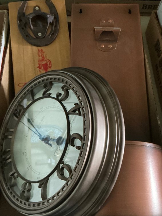 (2) Wall Mounted Bottle Openers - One is Copper Colored, One is Budweiser and (1) Sterling & Noble Wall Clock