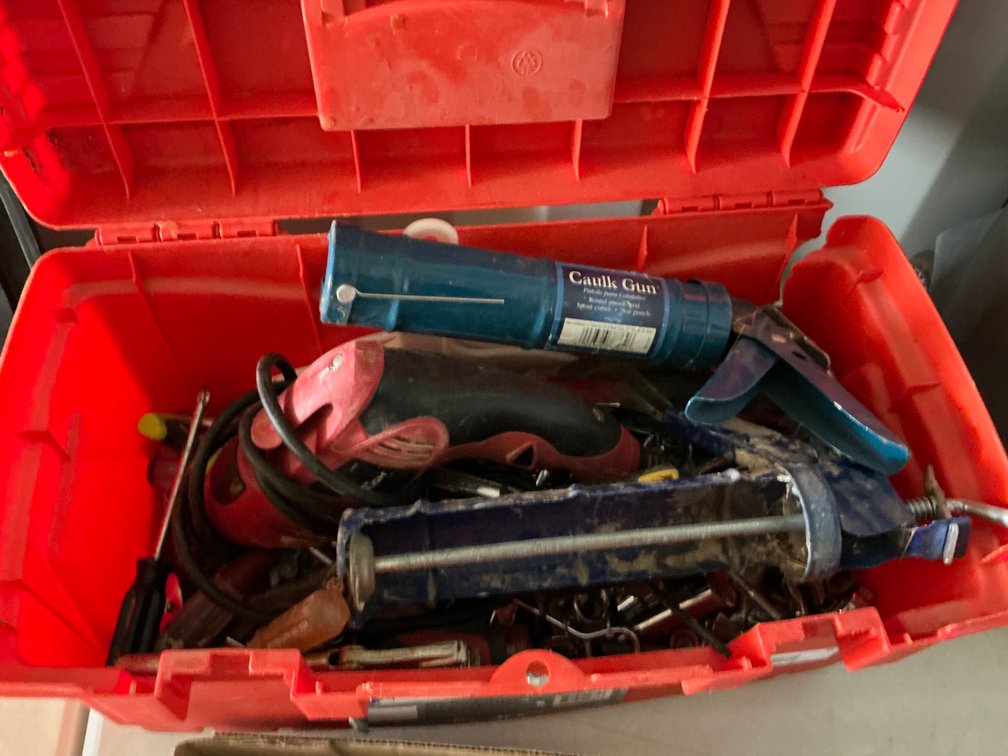 Plastic Tool Box (Broken) with Assorted Tools - Sockets, Wrenches, Vise Grips, Screw Drivers, Caulk Guns, Electric Drill, Tin Snips, Etc.