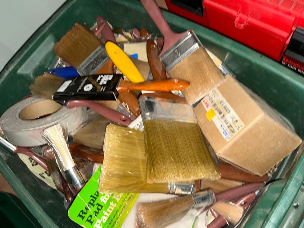 Tote of Assorted Paint Brushes, Sanding Disks, Steel Wool Etc.