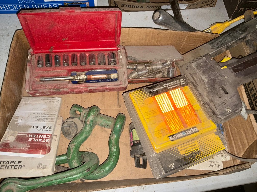 Nut Driver, 1/4" Socket Set, Electric Nail Gun, Assorted Sockets, Oil Filter Wrench, Clevises, Reflectors and More