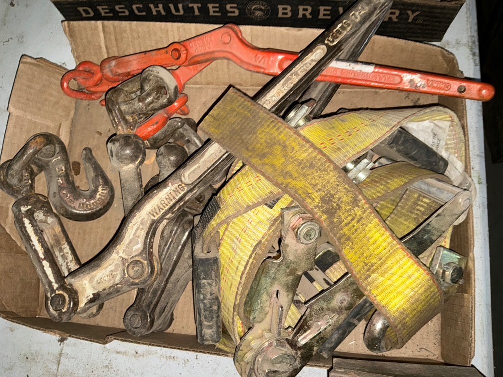 (3) Assorted Chain Binders and (1) Ratchet Strap