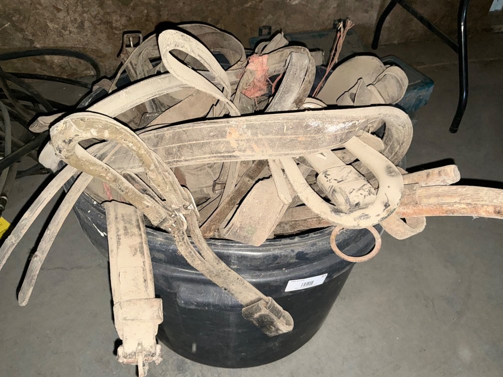 Tub of Old Leather Harness Parts and Pieces