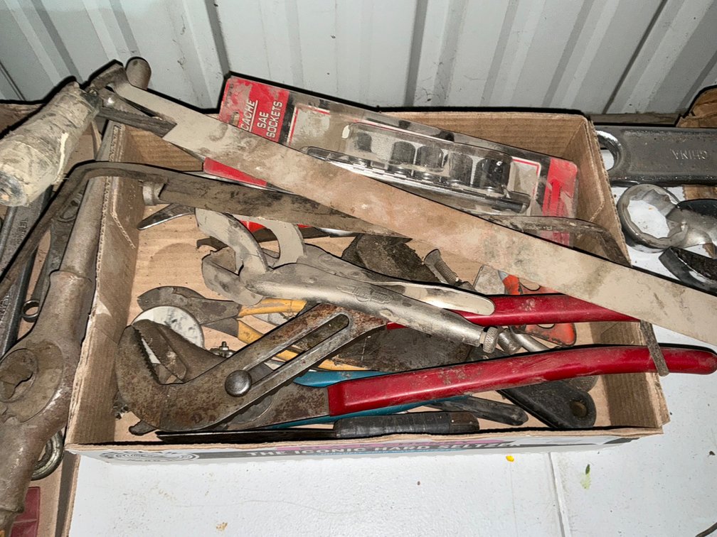 (2) Vintage Draw Knives (Missing Handles), Partial 3/8" Drive Socket Set, Channel Locks, Pliers, and More