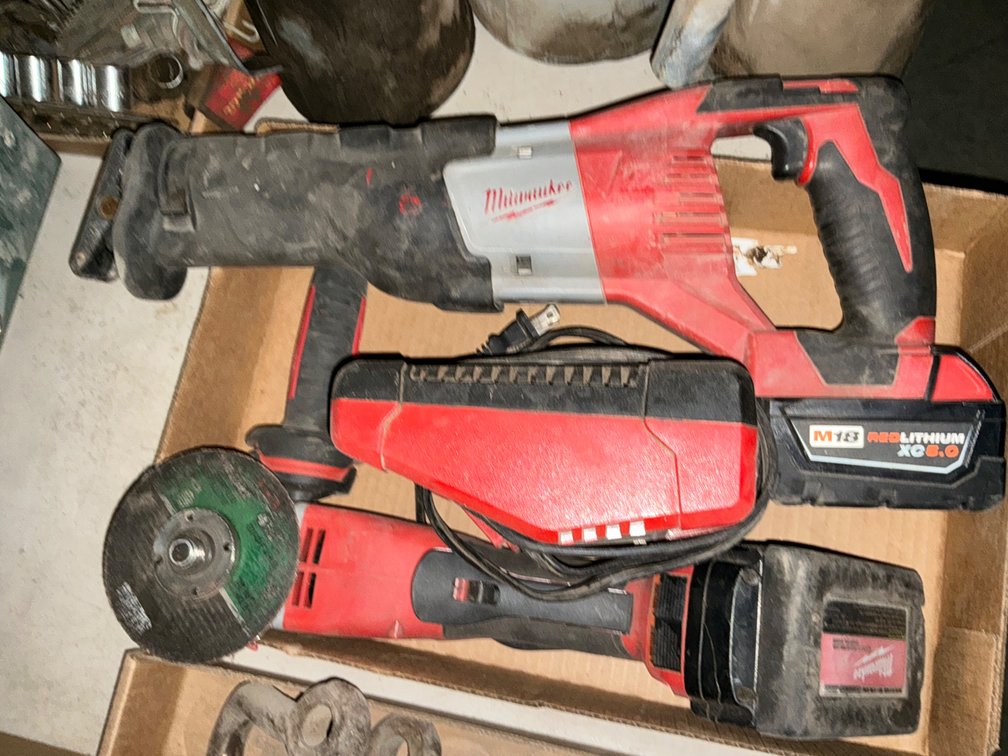 Milwaukee Cordless Sawzall, Cordless 4-1/4" Cut Off Grinder, Charger and (2) Batteries