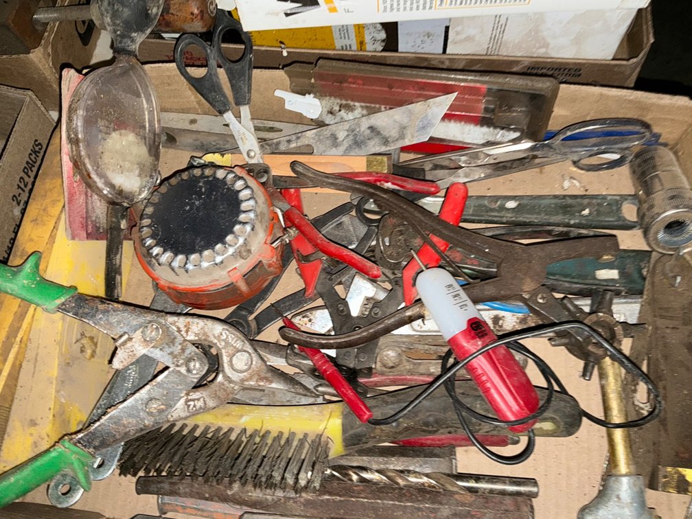 Assorted Tools - Adjustable End Wrench, Chisles, Tin Snips, Tape Measure, Channel Locks and More