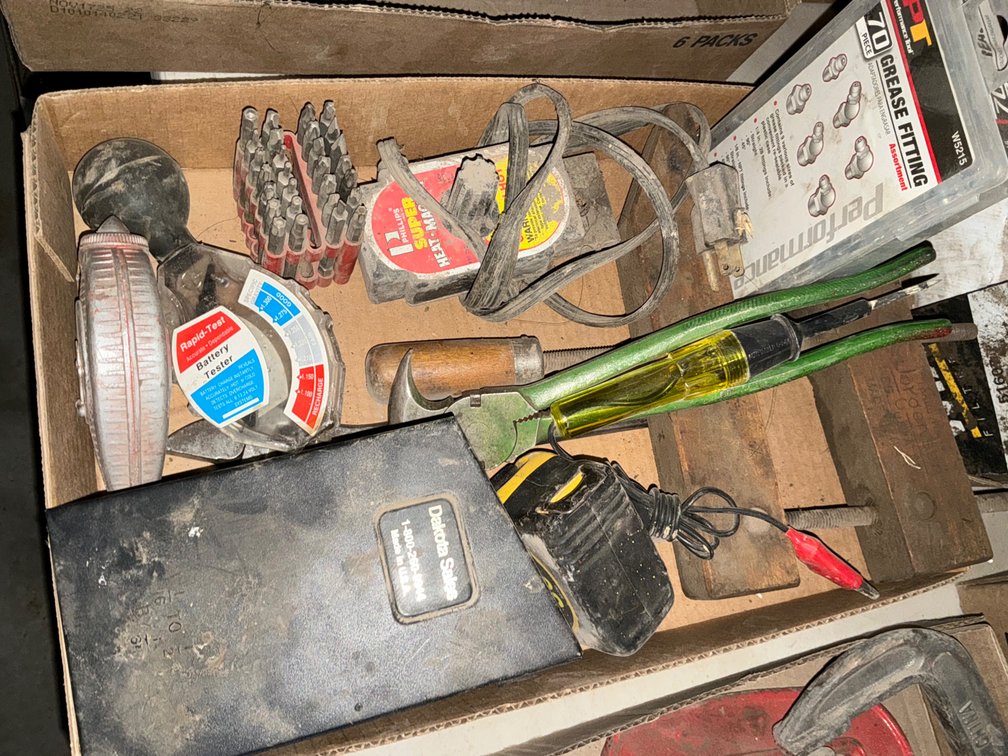 Partial Drill Bit Set, 30' Fat Max Tape Measure, Bit Set, Grease Zerts, Magnetic Heater, Wood Clamp, Fencing Pliers, Chalk Line and More