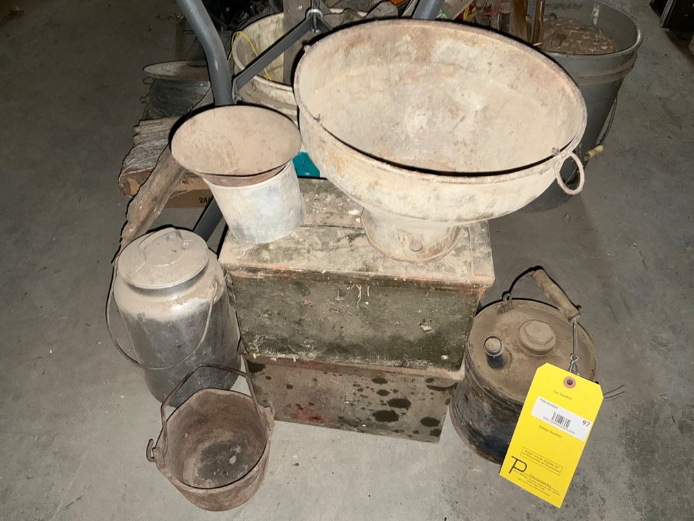 Vintage Oil Can with Handle, (2) Ammo Cans, Cup, Funnel, Cast Iron Pot, and More