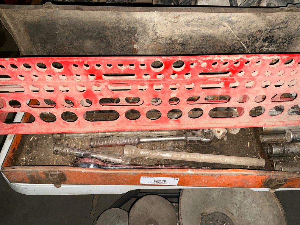 Assorted 1/2" Drive Sockets with Ratchets and Extensions and Plastic Tool Hanger