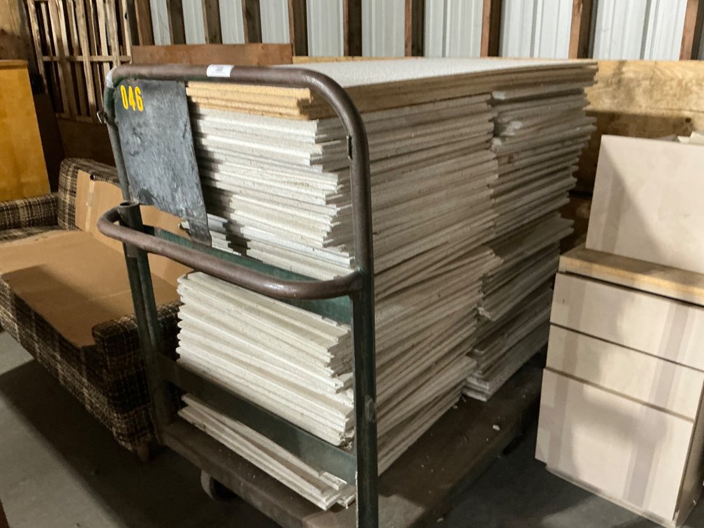 Metal Rolling Moving Cart - Platform Is 40" x 32" - 48"H @ Handle with Approximately (100) Assorted Drop Ceiling Tiles