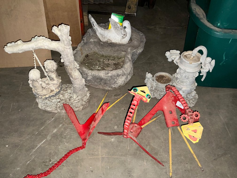 (3) Custom Built Metal Yard Ornament Birds, (2) Stone Look Planters (One Is Very Heavy) and (1) Yard Decoration with Child On Swing