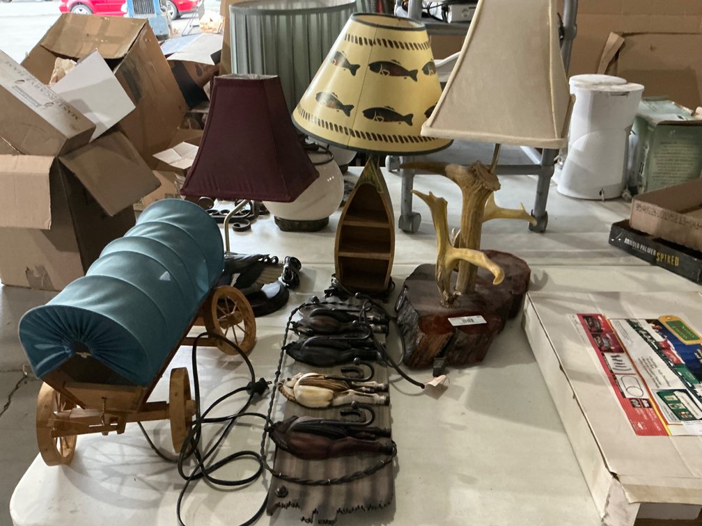 Duck Lamp, Fishing Boat Lamp, Faux Antler Lamp, Horse Themed Coat Rack and Covered Wagon Decoration (Broken Wheel)