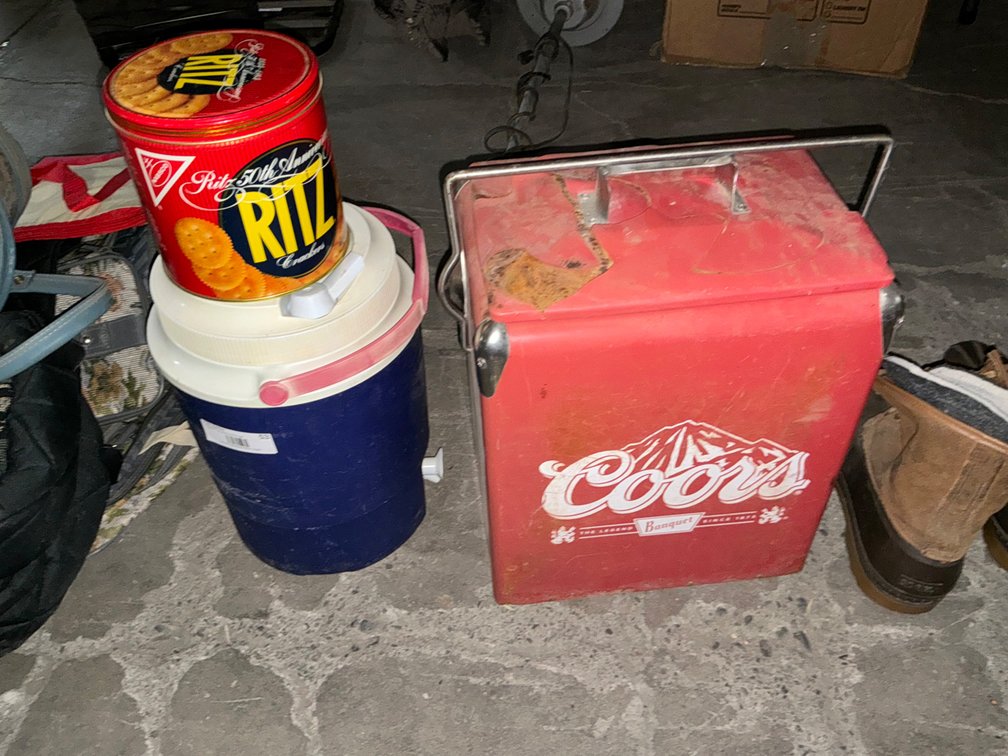 Metal Coors Cooler (Paint Cracking), Water Jug and Ritz Tin