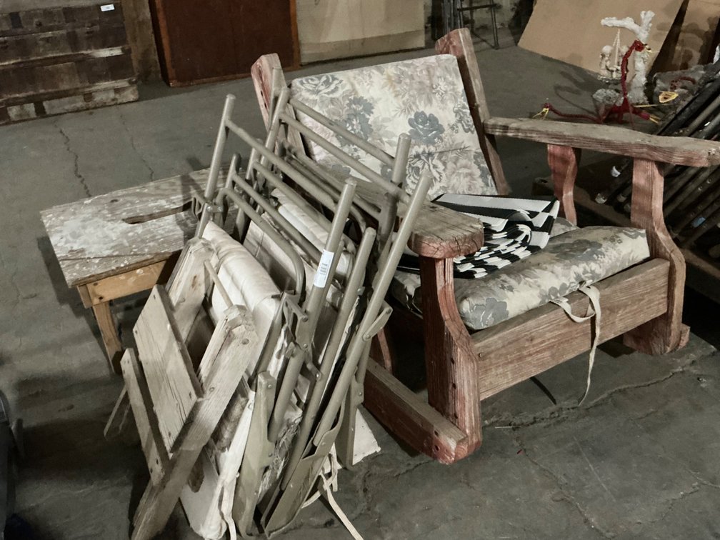 (3) Folding Lawn Chairs (Have Some Tears), Outdoor Mat, Wooden Frame Patio Chair (Rough Frame) and More