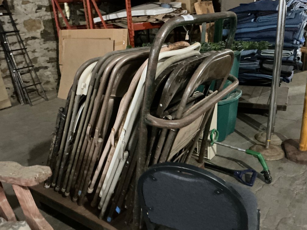 Rolling Metal Moving Cart - 40" x 32" x 48"H @ Handle, (13) Folding Metal Chairs and (1) Metal Frame Padded Chair