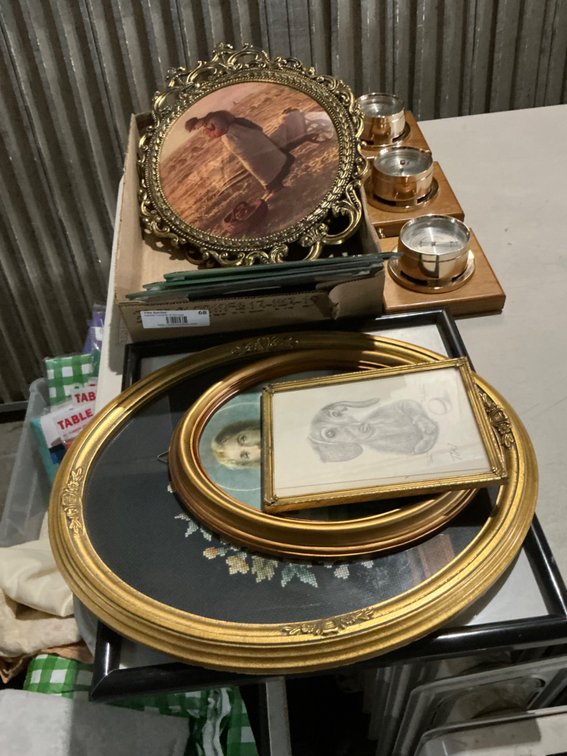 Vintage Wall Mounted Weather Station, (2) Pcs. Vintage "The Angelus” Jean Francois Millet Farmer & Wife Praying In Field Prints with Convex Glass and Ornate Oval Frames, (3) Other Framed Pieces with Gold Colored Frames and Some Square Mirror Pieces