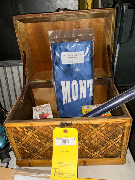 Wicker Style Basket/Chest, MSU Bobcats House Flag, 1993 Charles Barkley Poster (Still Rolled In Plastic), Strawberry Hummingbird Feeder, and Gag Gift Toilet Paper