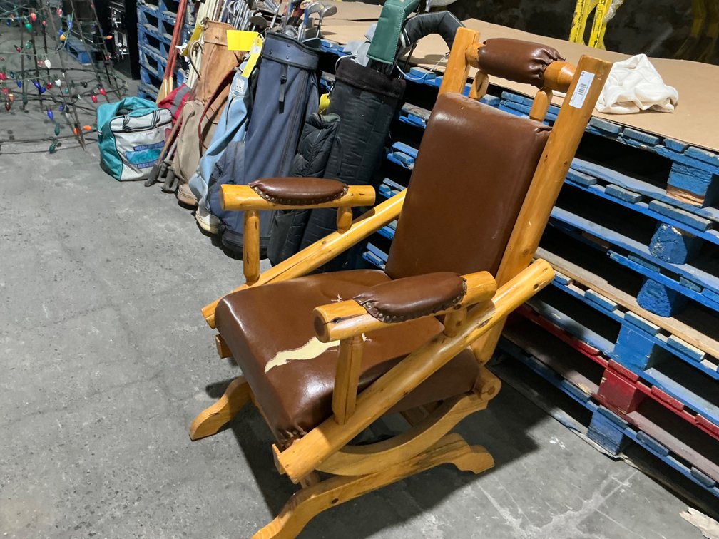 Wooden Log Style Upholstered Glider Chair (Tear In Seat, Some Cracking On Logs)