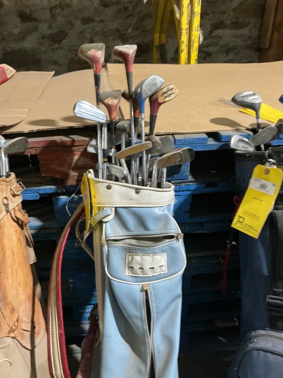 Vintage Assorted Golf Irons, Putter, 1,3,5 Woods with Bag