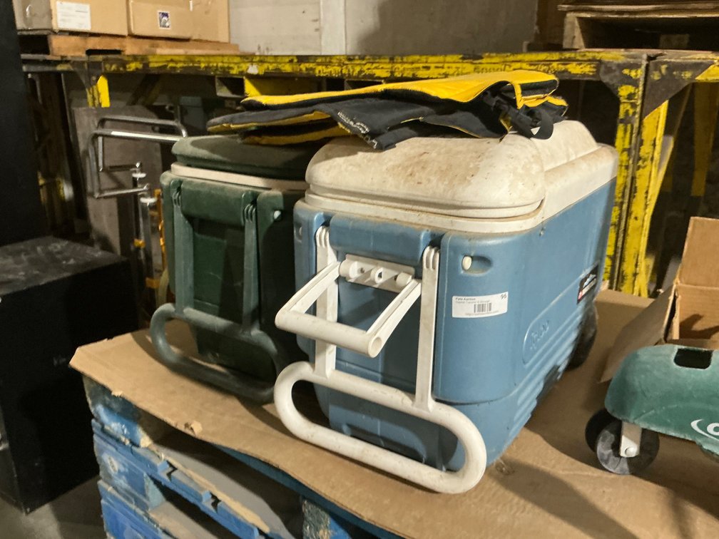 (2) Assorted Rolling Igloo Coolers and (2) Stadium Seat Cushions