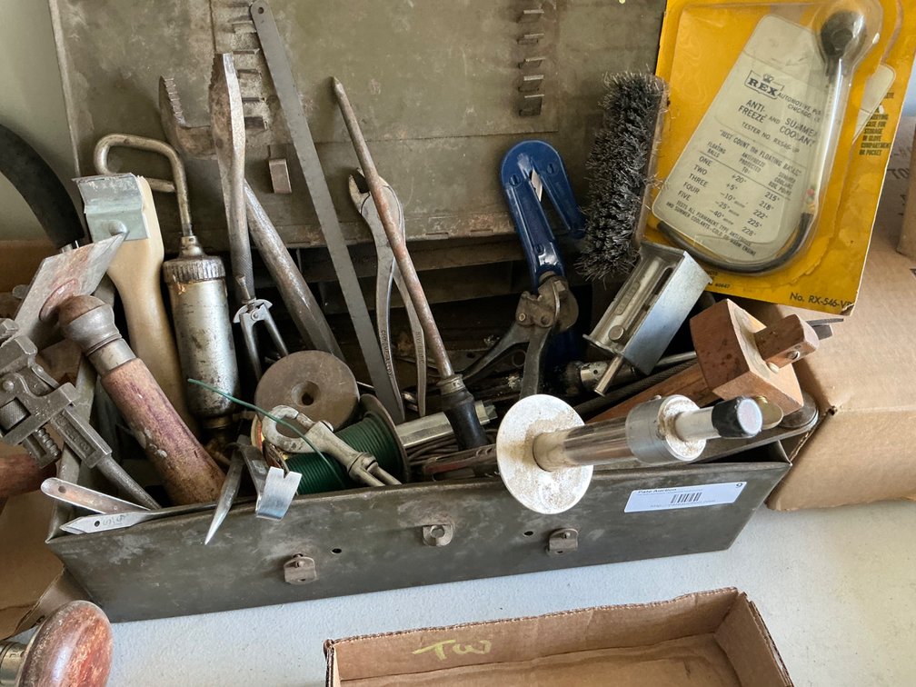 Metal Toolbox With Assorted Hand Tools - Pliers, Punches, Crescent Wrench, Screwdrivers, Scrapers, Box Cutter, Antifreeze Tester and More
