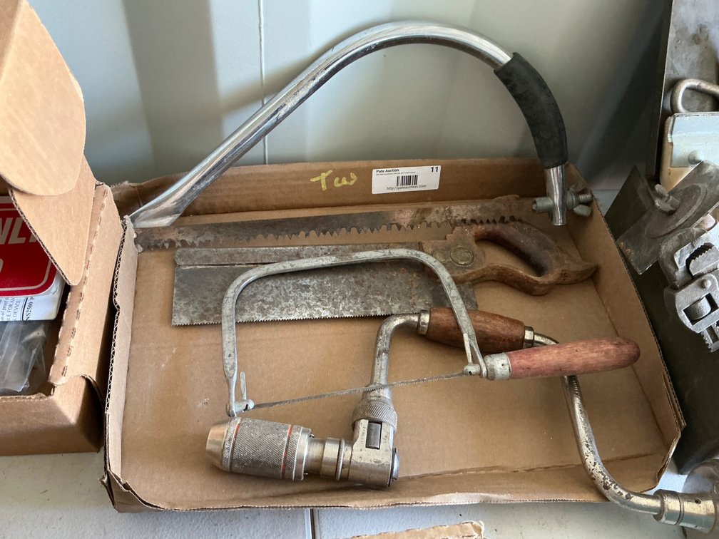 Box of Assorted Hand Tools - Coping Saw, Miter Saw, Bow Saw and Vintage Hand Brace