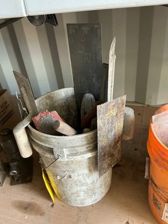 Bucket Of Assorted Concrete Hand Tools - Edgers, Finishers, Trowels and More