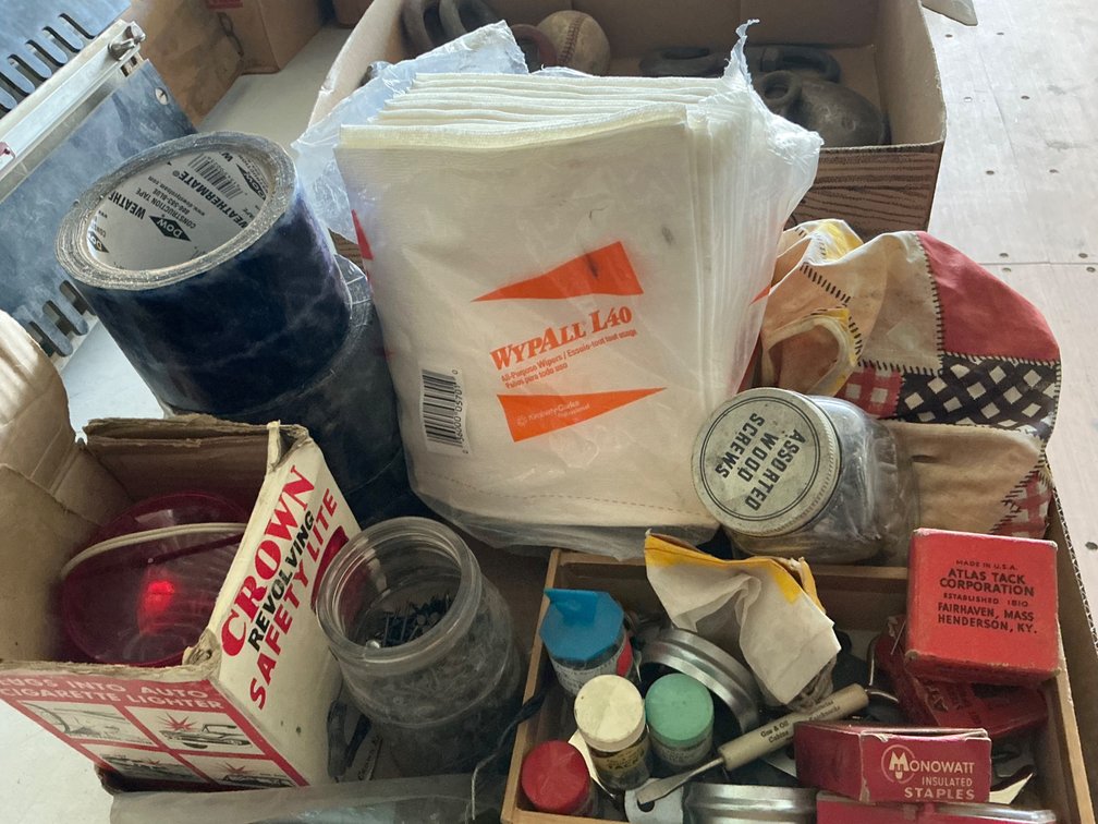 Assorted Shop Items - Shop Towels, Construction Tape, Wood Screws, Tacks, Safety Light, And Assorted Fasteners