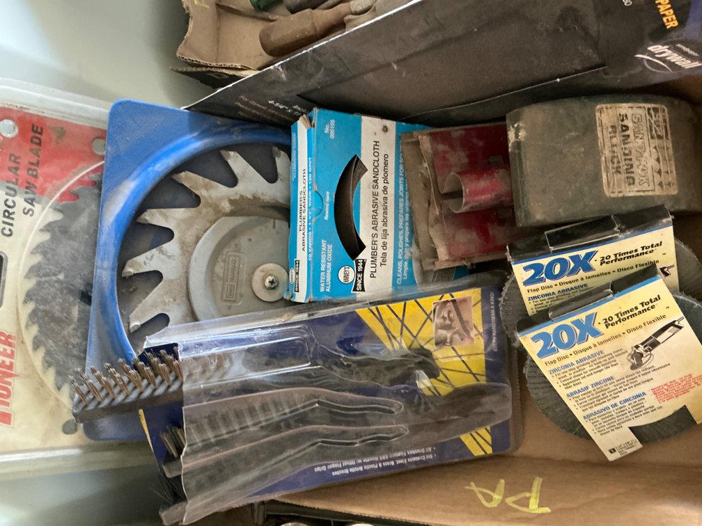Box Of Assorted Saw Blades, Sandpaper, Abrasive Discs, Sanding Block, Wire Brushes And Plumbers Abrasive Cloth
