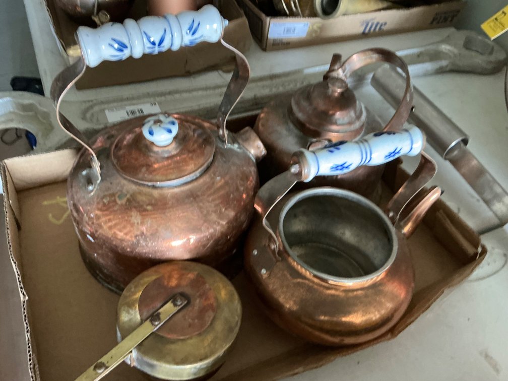 Box Of (3) Vintage Copper Plated Kettles And (1) Copper & Brass Chaffing Dish Burner Holder