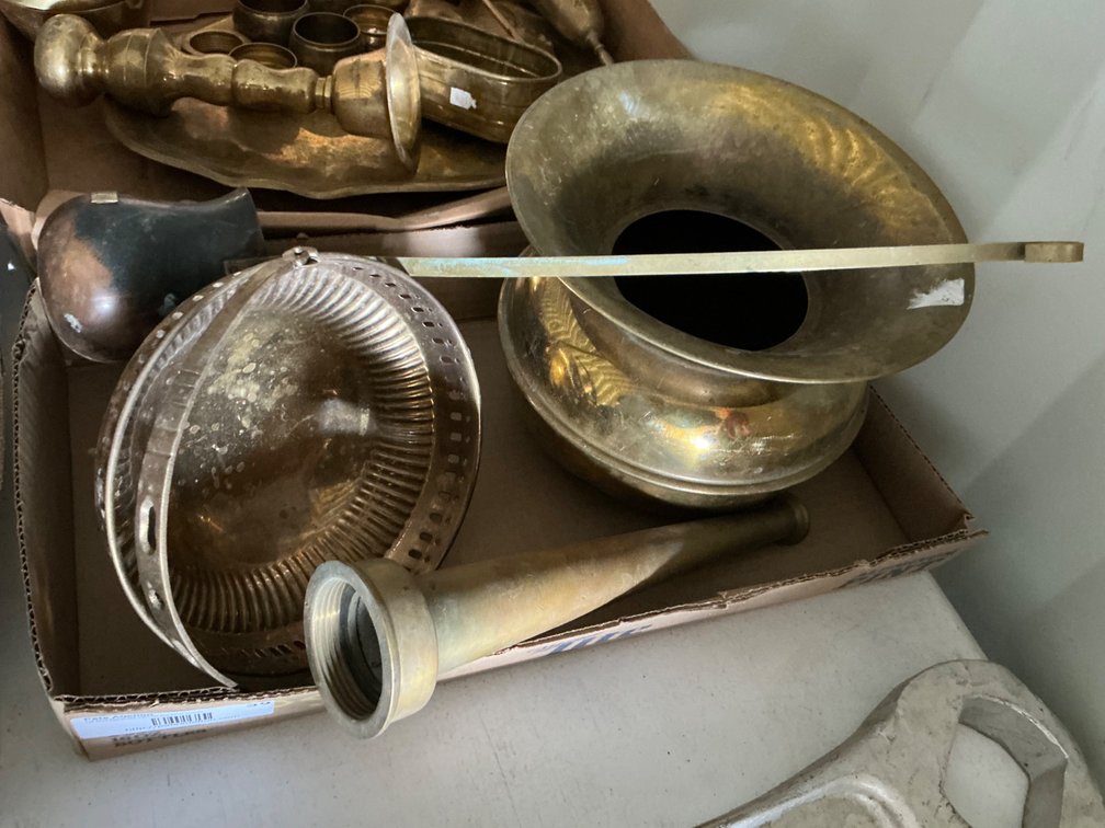Box Of Assorted Brass Items - Vintage Spittoon, Vintage Firehose Nozzle, Brass Basket And Brass Dipper
