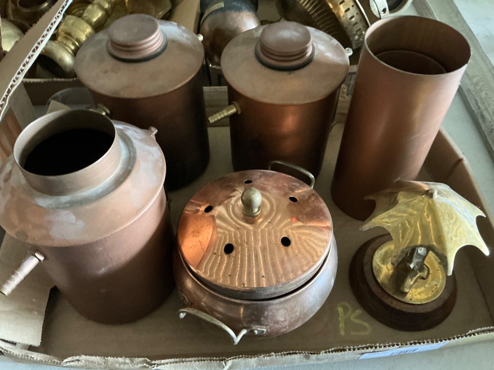 Box Of Assorted Vintage Copper Lab Steamers, Copper Plated Warmer And Brass Frog Figurine