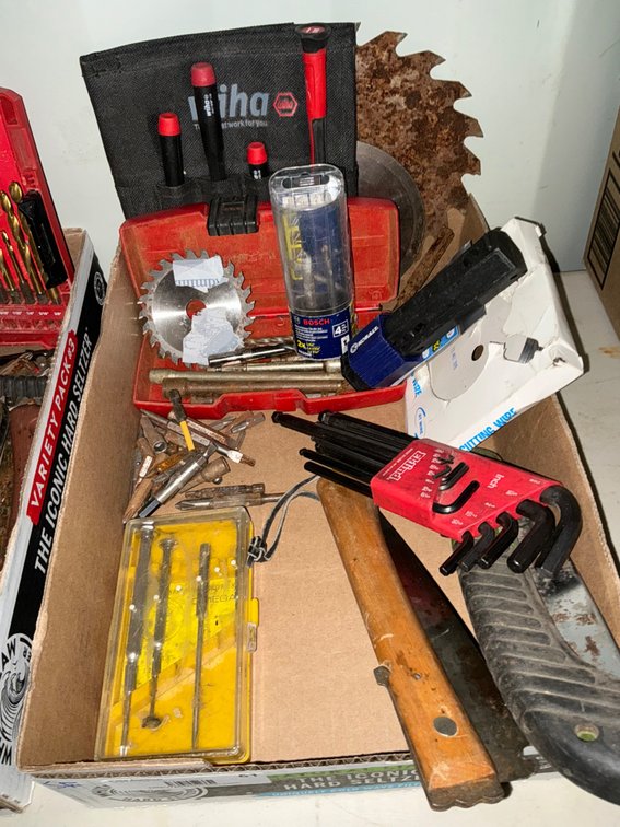 Box Of Assorted Tools - Saw Blades, Allen Wrenches, Driver Bits, Folding Limb Saws, Mini Screwdrivers And More