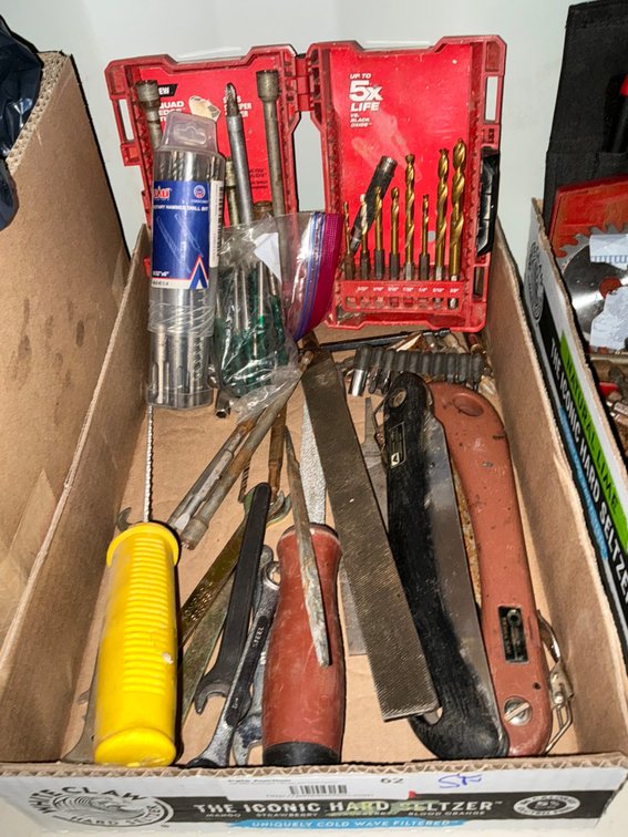 Box Of Assorted Tools - Box Wrenches, Drill Bits, Files, Folding Saws, Driver Bits And More