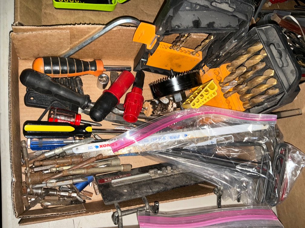 Box Of Assorted Tools - Drill Bits, Driver Bits, Screwdrivers, Hex Wrenches, Hacksaw Blades, Hole Saw Bits And More