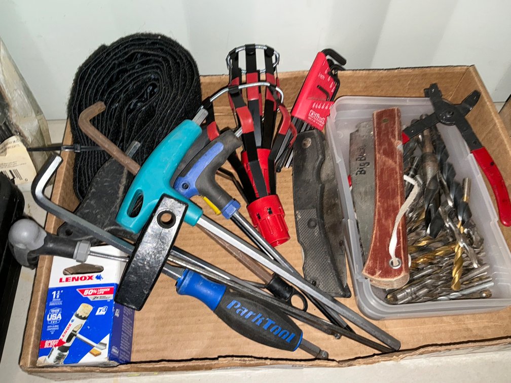 Box Of Assorted Tools - Hex Wrenches, Allen Wrenches, Drill Bits, Folding Saw, Ratchet Strap And More