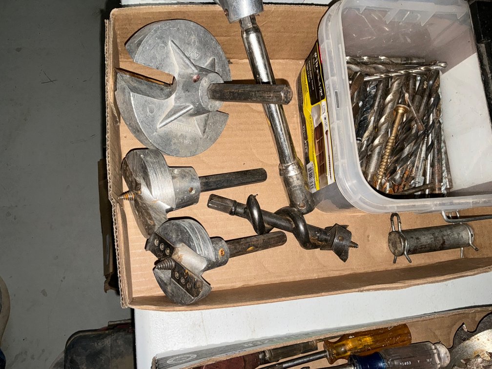 Box Of Assorted Drill Bits, And (4) Large Hole Saw Bits - 4-1/2", 3-1/2", 3" And 2-1/2"