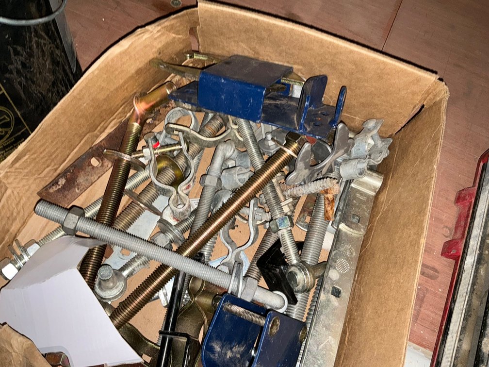 Box Of Assorted Gate/Panel Hinges And Bucket Of Galvanized Chainlink Fencing Hardware