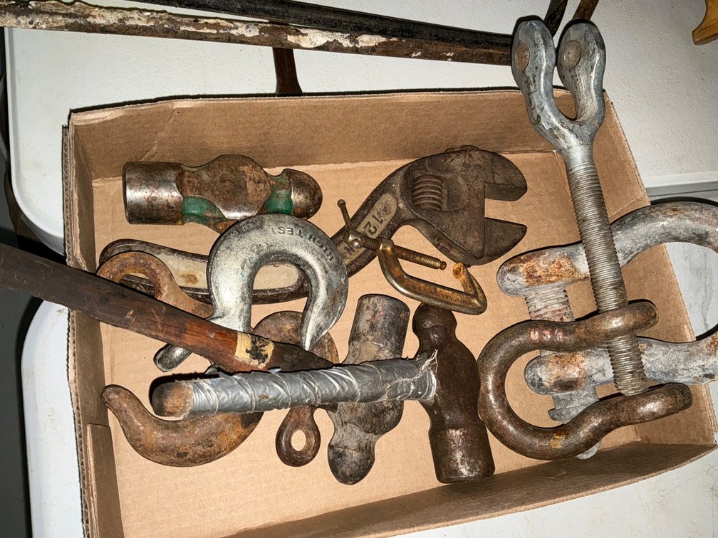 Box Of Assorted Clevises, Hooks, Peen Hammers, And Vintage Offset Wrench