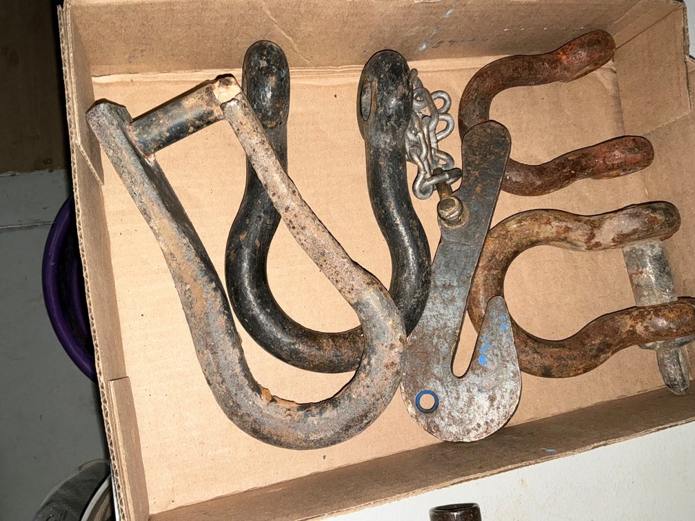 (3) Assorted Large Clevises (Only 1 Has Pin), Custom Made Lifting Hook And Custom Made Solid Clevis (No Pin) (Broken Piece)