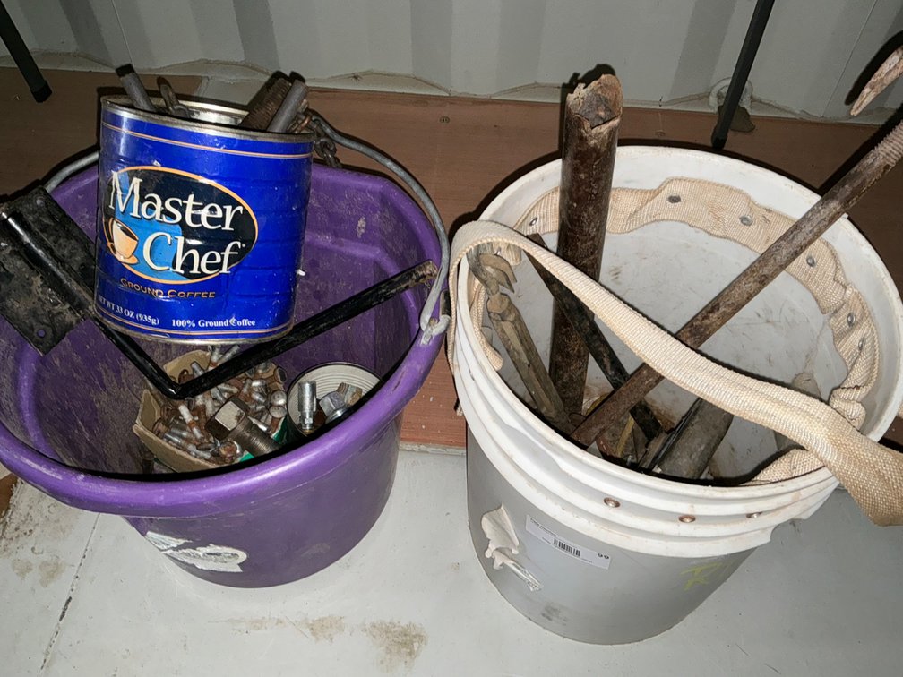 (2) Buckets Containing - Draw Tite 2" Hitch Balls, Assorted Bolts, (3) 5" Rubber Caster Wheels, Hitch Pin And More