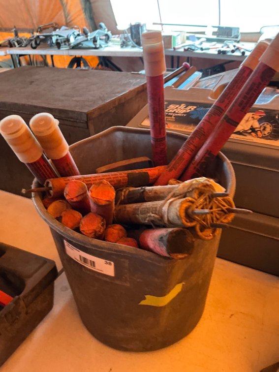 Bucket Of Orion Brand Emergency Road Flares - Approximately (34) Pieces, Unknown Working Condition
