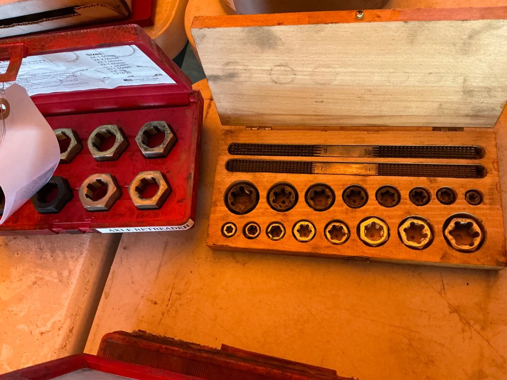 (1) Mac Tools 8-Piece Spindle (Axle) Rethreading Set - Model: TR1278 With Case And (1) Rethreading Set With Wooden Case