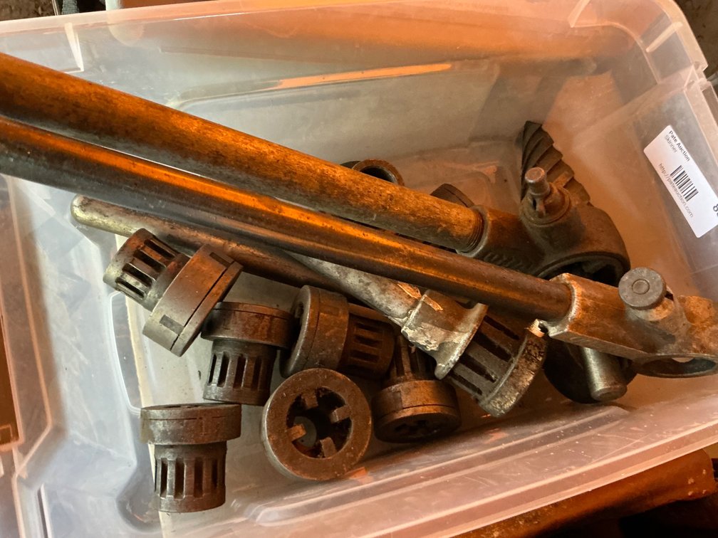 Spiral Pipe Reamer, Pipe Threader Ratchet & Handle, And Assorted Pipe Threader Dies